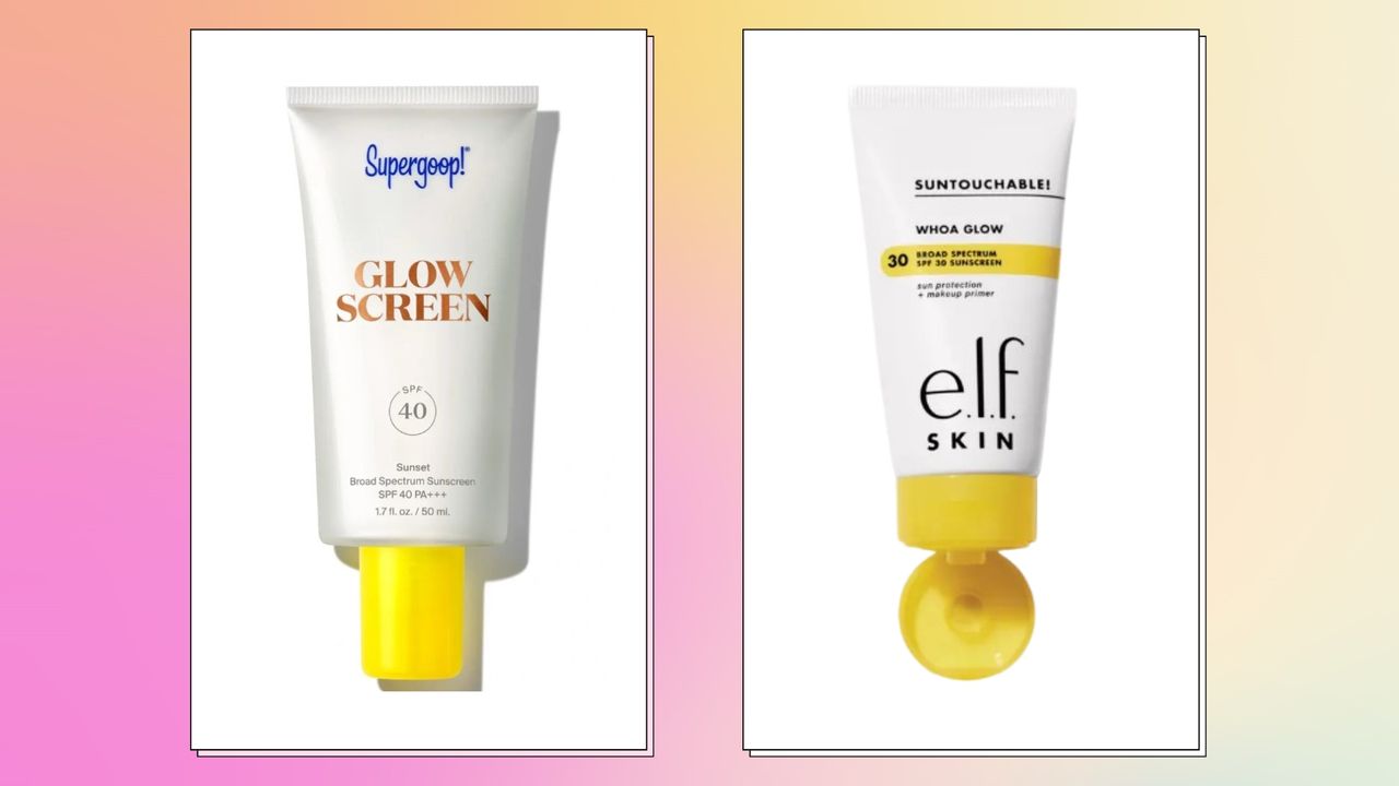 A product images of Supergoop!&#039;s Glow Screen alongside e.l.f&#039;s Whoa Glow sunscreen/ in a pink and yellow gradient template