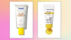 A product images of Supergoop!'s Glow Screen alongside e.l.f's Whoa Glow sunscreen/ in a pink and yellow gradient template