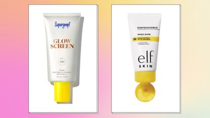 A product images of Supergoop!'s Glow Screen alongside e.l.f's Whoa Glow sunscreen/ in a pink and yellow gradient template