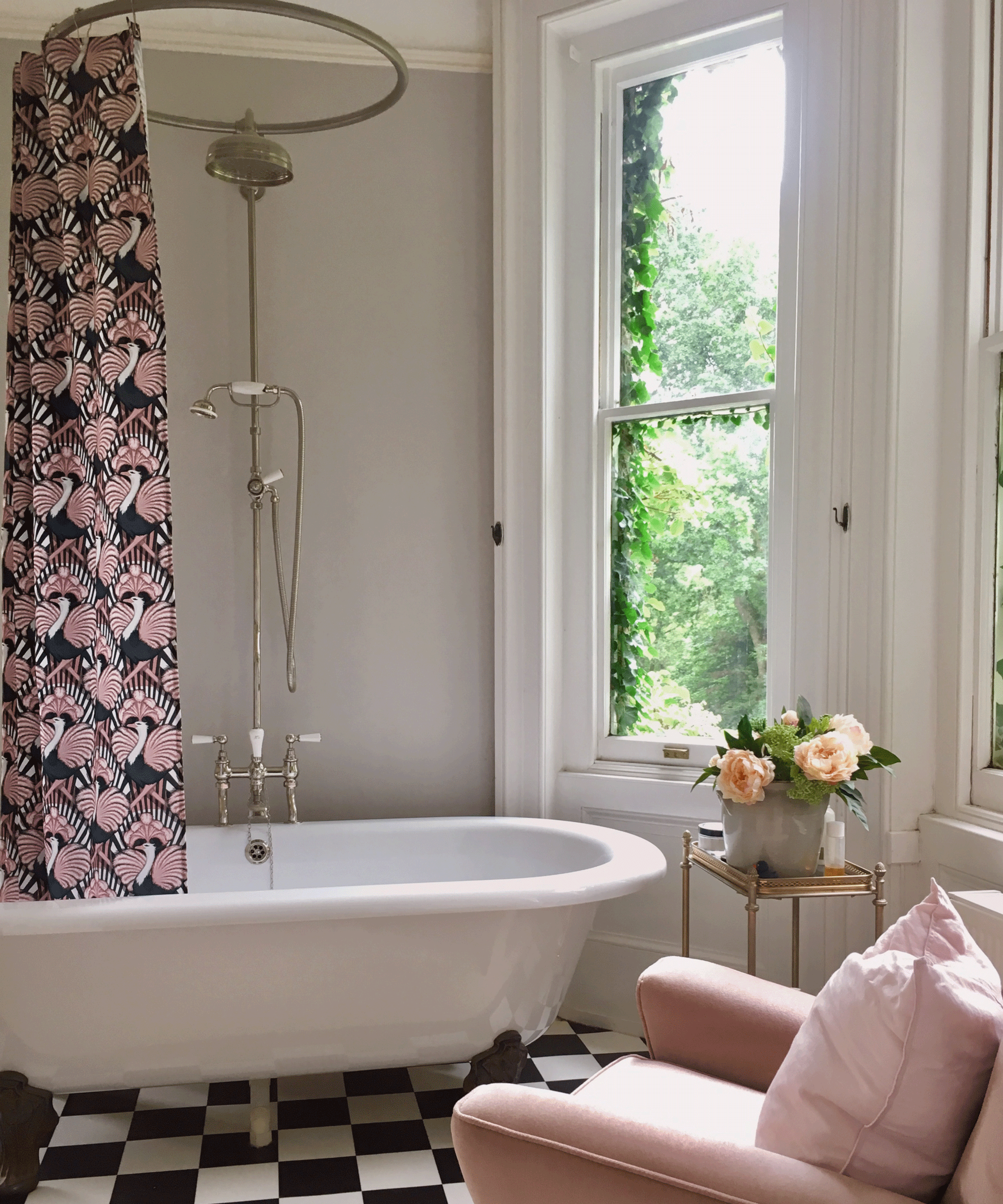 Patterned shower curtain over bath