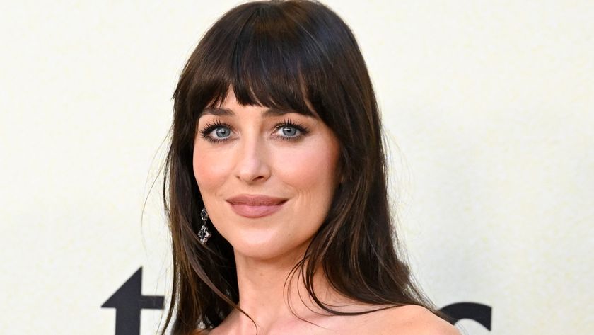 Dakota Johnson at the Splitsville premiere summer 2025, closeup of her makeup and bangs.
