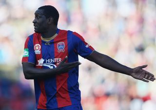 Emile Heskey gestures during a match for Newcastle Jets against Adelaide United in October 2012.