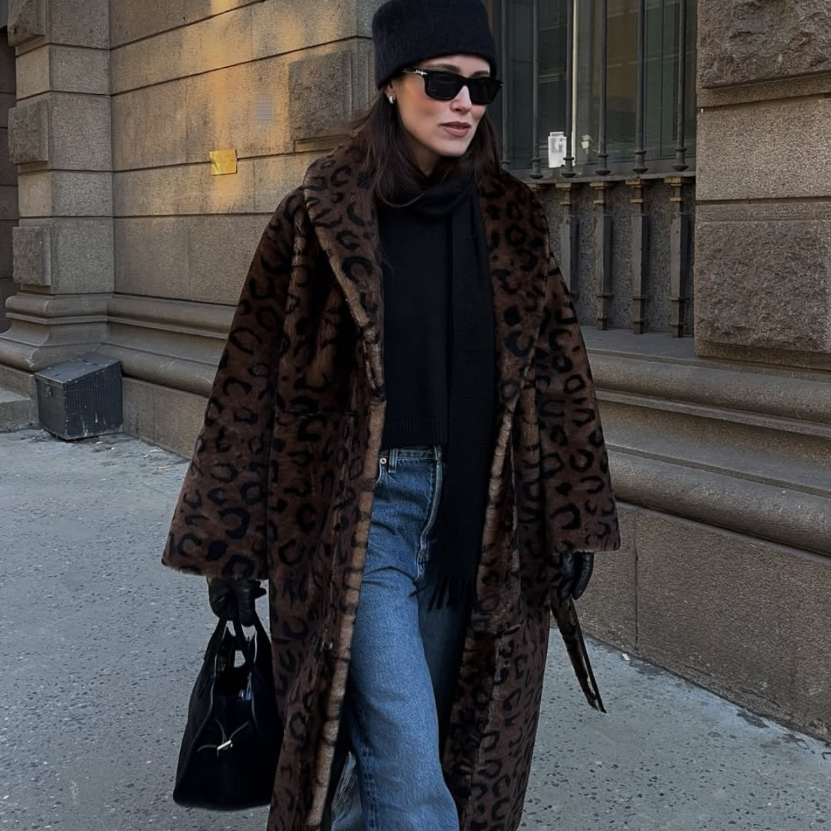 Annabel in a leopard print coat