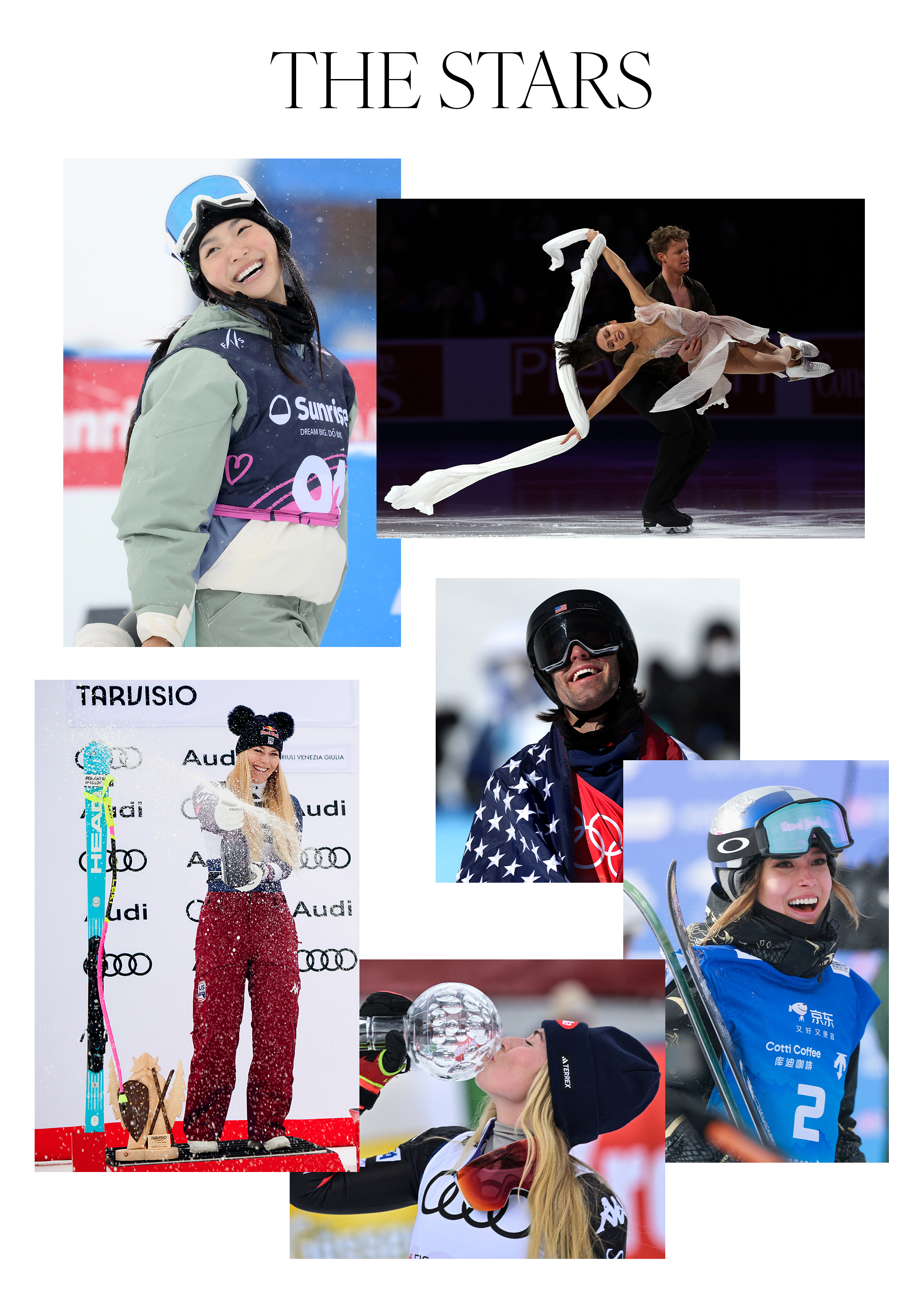 A collage with the heading: "The Stars." On it, are photos of Eileen Gu, Chloe Kim, Alex Hall, Evan Bates and Madison Chock, Lindsey Vonn, and Mikaela Shiffrin