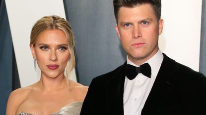 US actress Scarlett Johansson and US actor Colin Jost attend the 2020 Vanity Fair Oscar Party following the 92nd annual Oscars at The Wallis Annenberg Center for the Performing Arts in Beverly Hills on February 9, 2020.