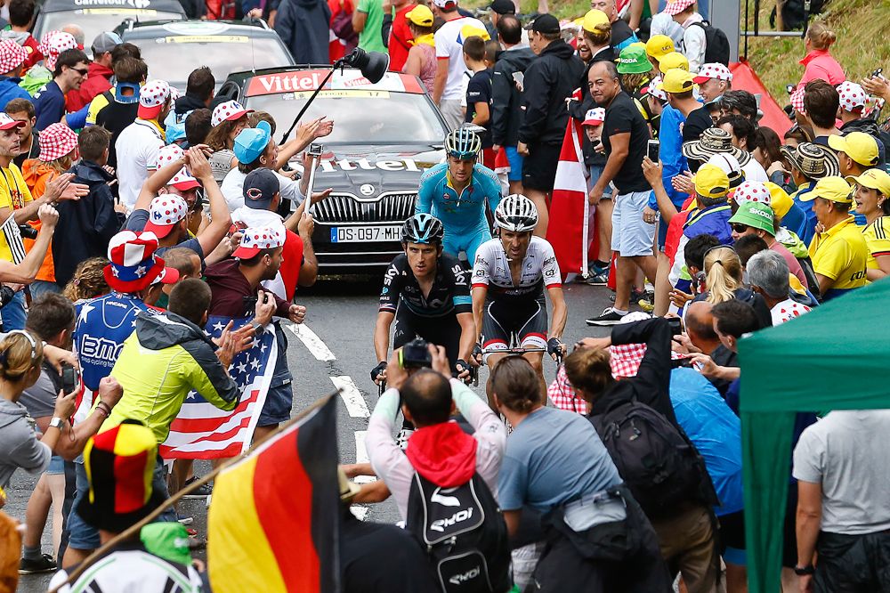 Geraint Thomas and Bauke Mollema ride up Mont Blanc toward the finish of stage 19
