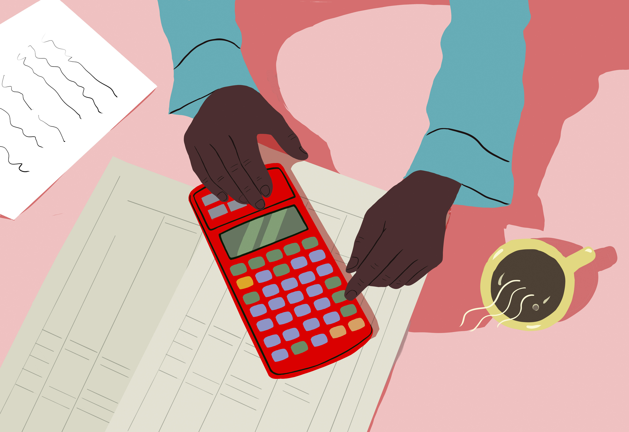 Hands pressing a calculator with documents around