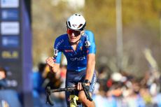 Italian Mattia Agostinacchio celebrates as he crosses the finish line to win the men junior race at the European Championships cyclocross cycling in Pontevedra, Spain, Sunday 03 November 2024. BELGA PHOTO DAVID PINTENS (Photo by DAVID PINTENS / BELGA MAG / Belga via AFP) (Photo by DAVID PINTENS/BELGA MAG/AFP via Getty Images)