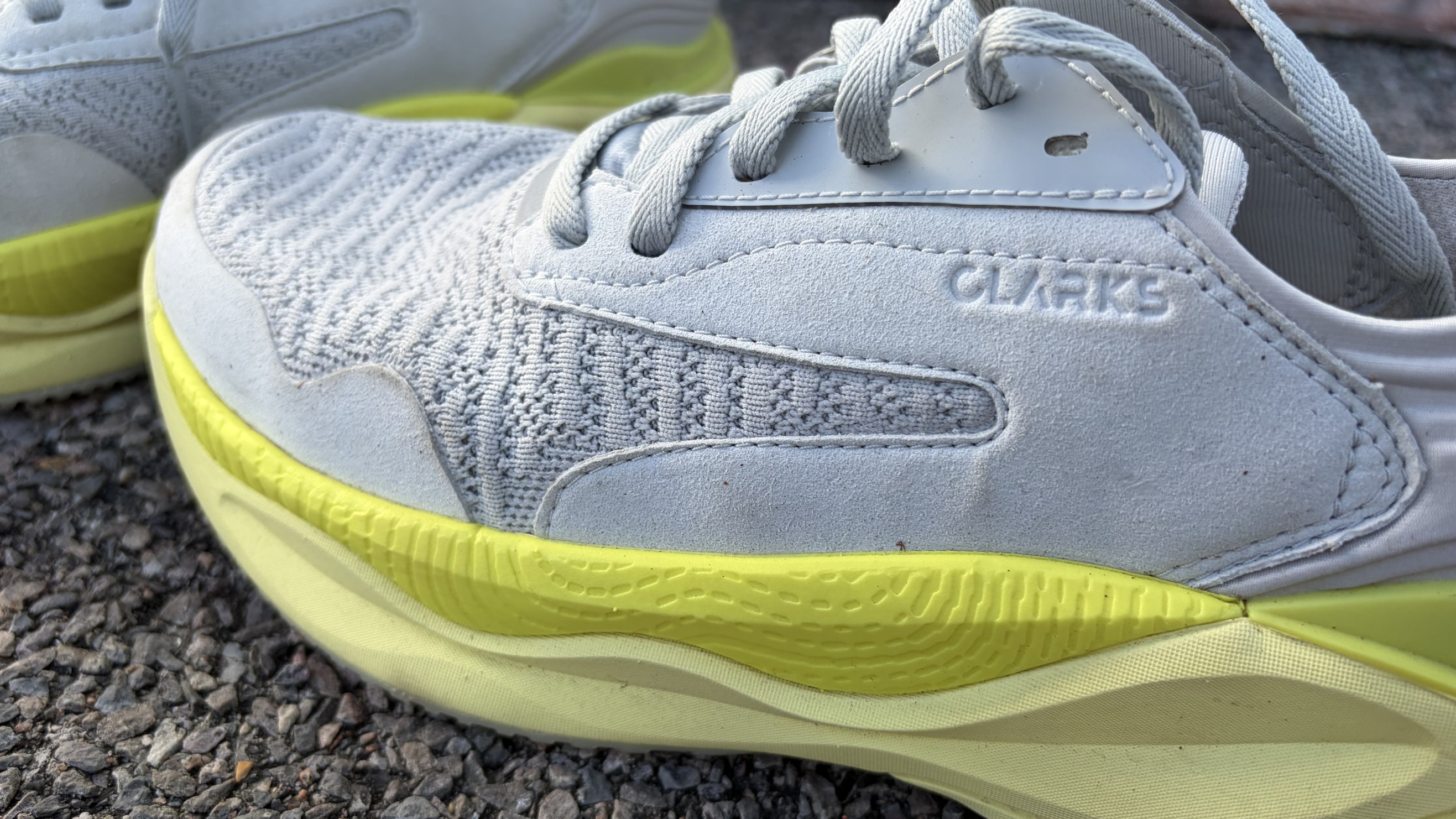 Clarks Pace walking workout shoe in white and yellow