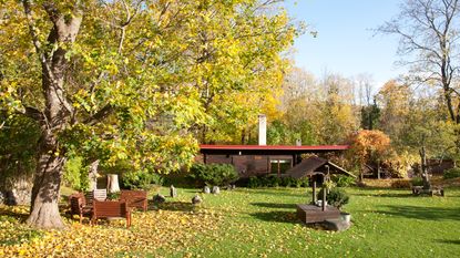 Fall garden with lawn and well