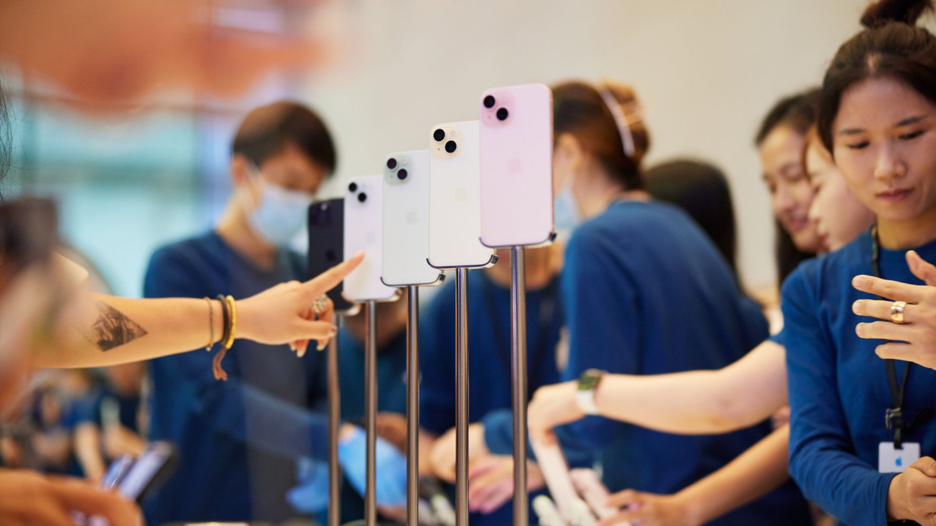 The iPhone 15 lineup at the Apple Store in Nanjing East, Shanghai, China.