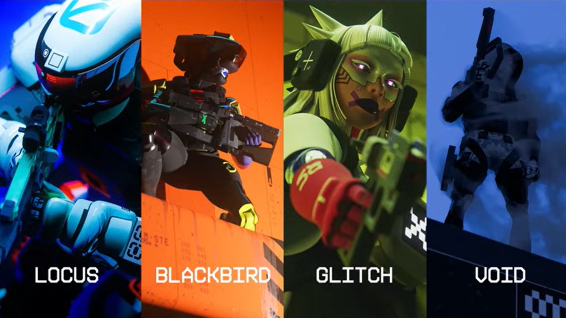 Marathon image showing the four Runners featured in the Alpha build. From left to right: Locus, Blackbird, Glitch, and Void
