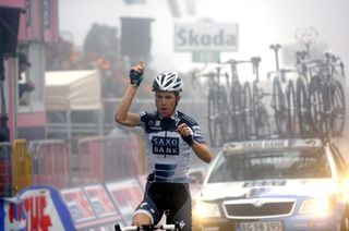 Chris Anker Sørensen (Saxo Bank) celebrates his stage win