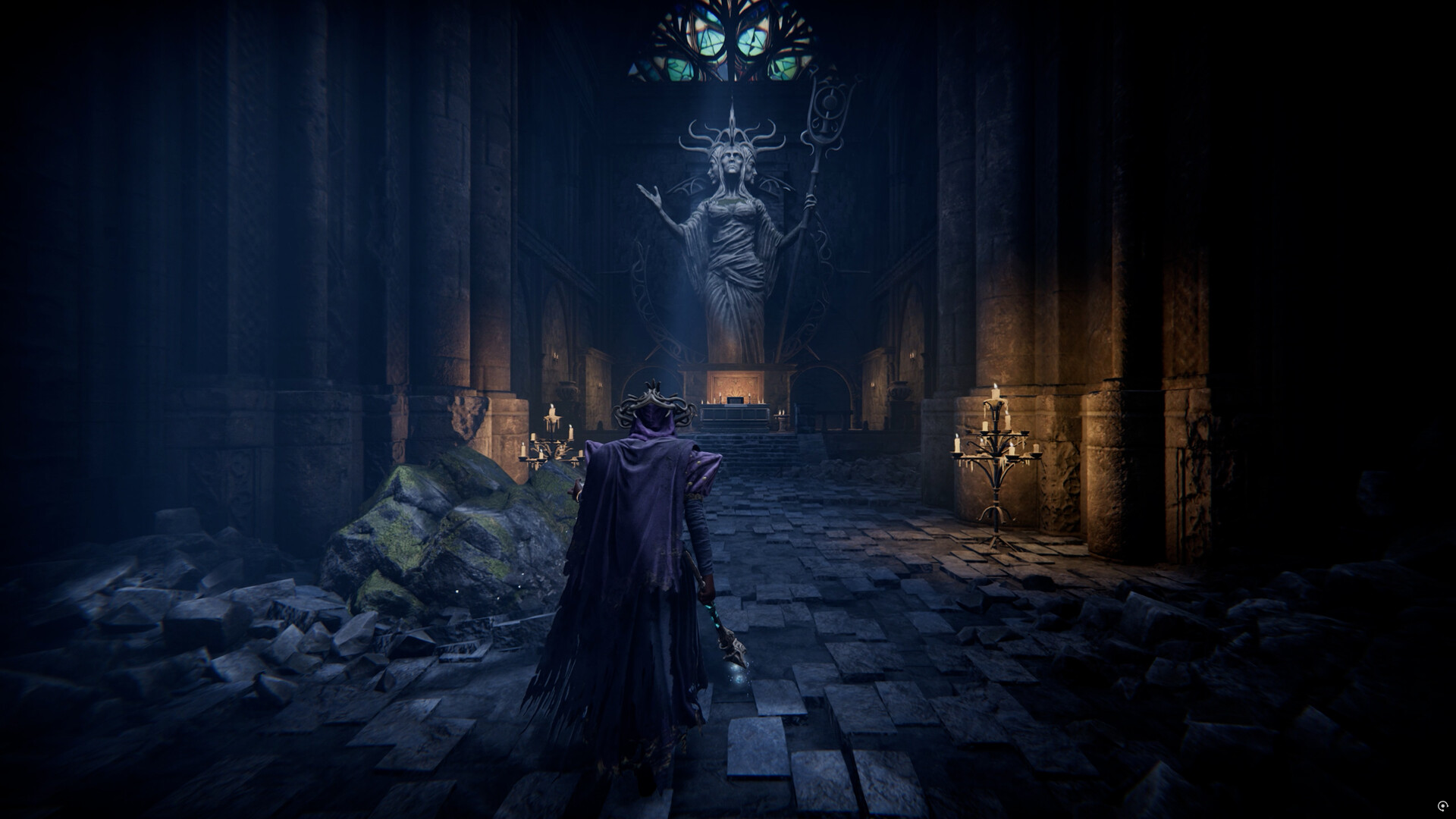 Tainted Grail: The Fall of Avalon screenshot showing the player character walking through a slightly destroyed castle room.