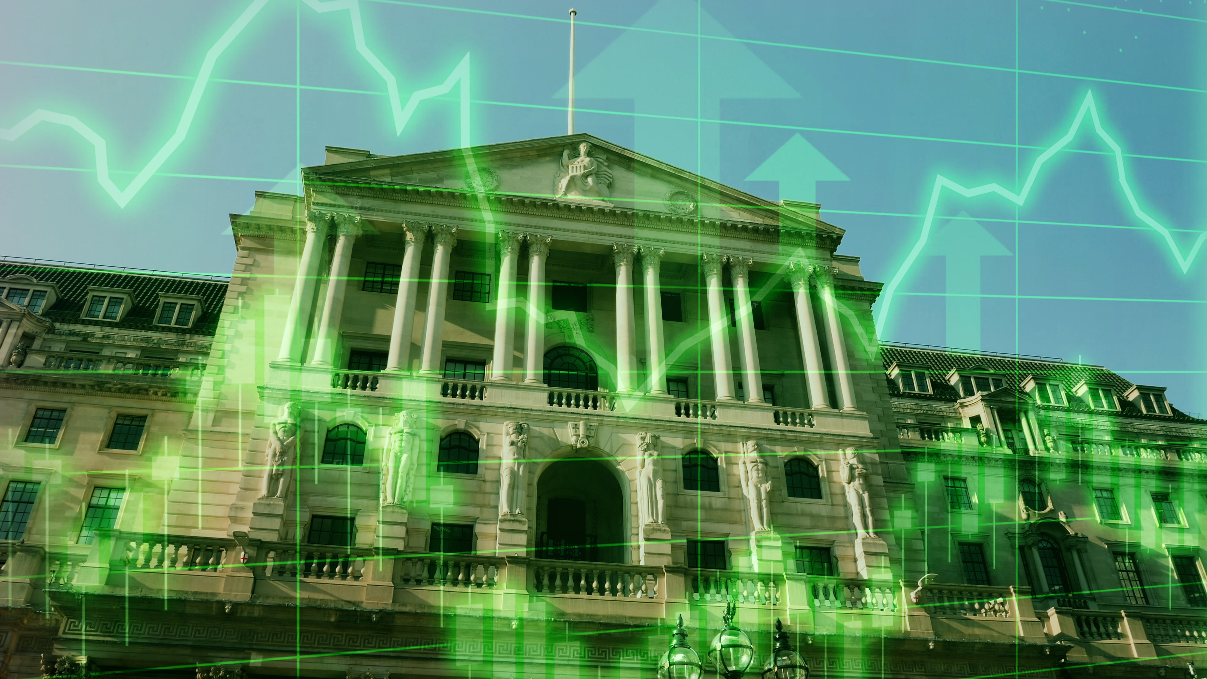 Upward-trending share price chart overlaid on an image of the Bank of England