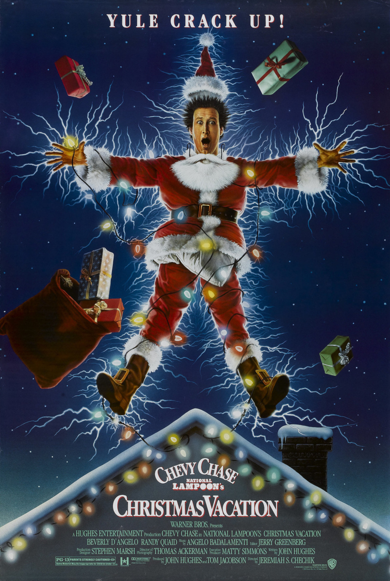 Chevy Chase being electrocuted while dressed as  Santa on the poster for National Lampoon's Christmas Vacation,