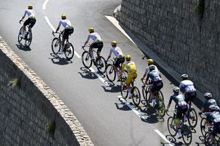 COL DE LA COUILLOLE FRANCE JULY 20 LR Tim Wellens of Belgium Nils Politt of Germany Pavel Sivakov of France Adam Yates of The United Kingdom Tadej Pogacar of Slovenia and UAE Team Emirates Yellow Leader Jersey Wout Van Aert of Belgium Matteo Jorgenson of The United States and Team Visma Lease a Bike Christophe Laporte of France Bart Lemmen of Netherlands and Team Visma Lease a Bike Mikel Landa of Spain and Team Soudal QuickStep compete during the 111th Tour de France 2024 Stage 20 a 1328km stage from Nice to Col de la Couillole 1676m UCIWT on July 20 2024 in Col de la Couillole France Photo by Dario BelingheriGetty Images