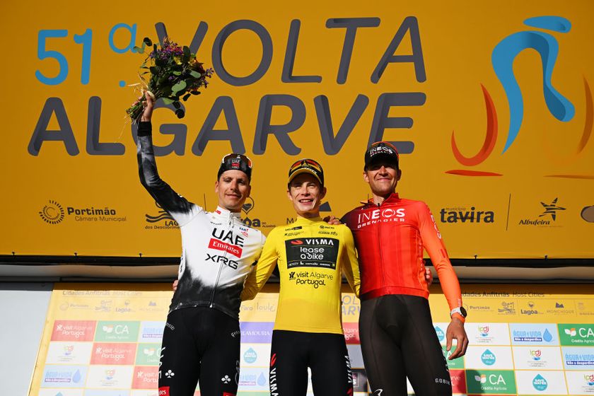 Jo&atilde;o Almeida (l) on the final podium of the 2025 Volta ao Algarve