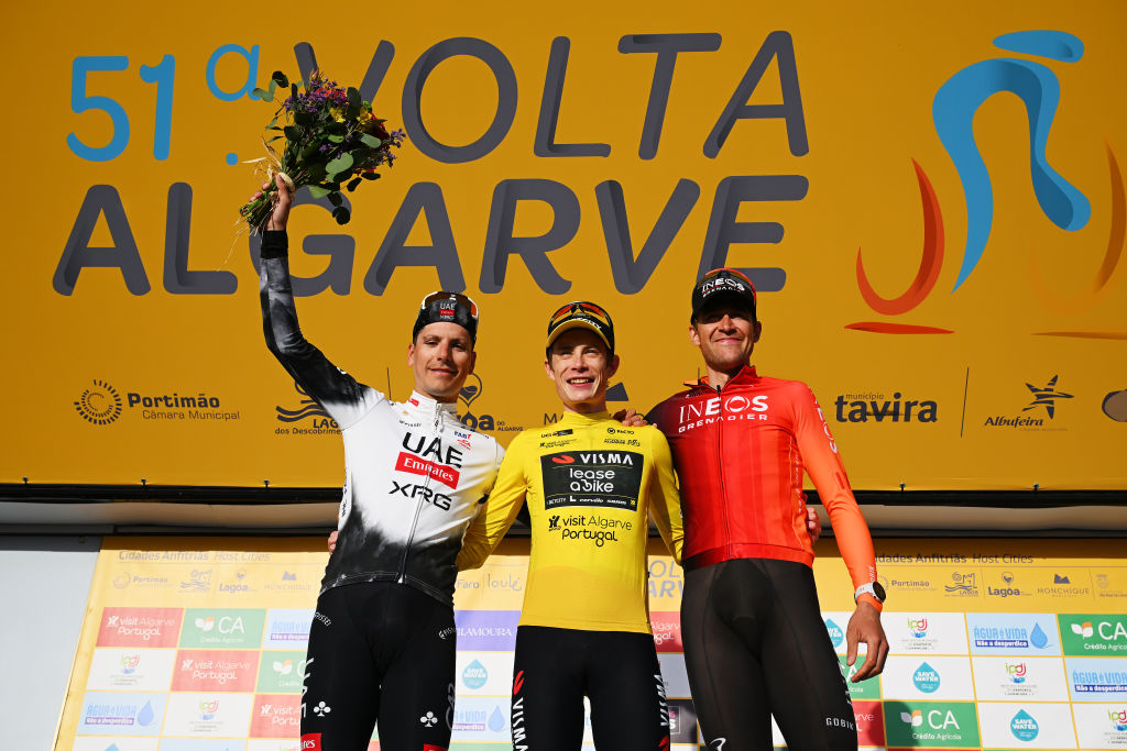 Jo&atilde;o Almeida (l) on the final podium of the 2025 Volta ao Algarve