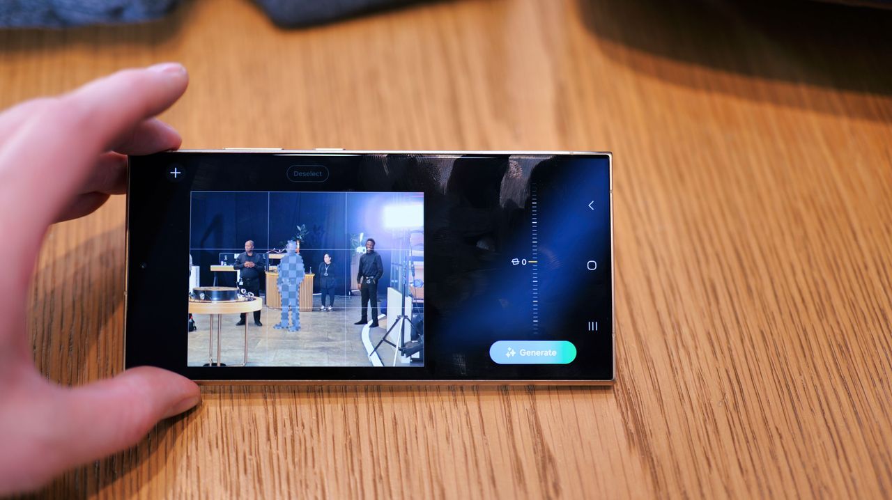 Samsung Galaxy S24 Ultra phone showing the camera app held in a hand