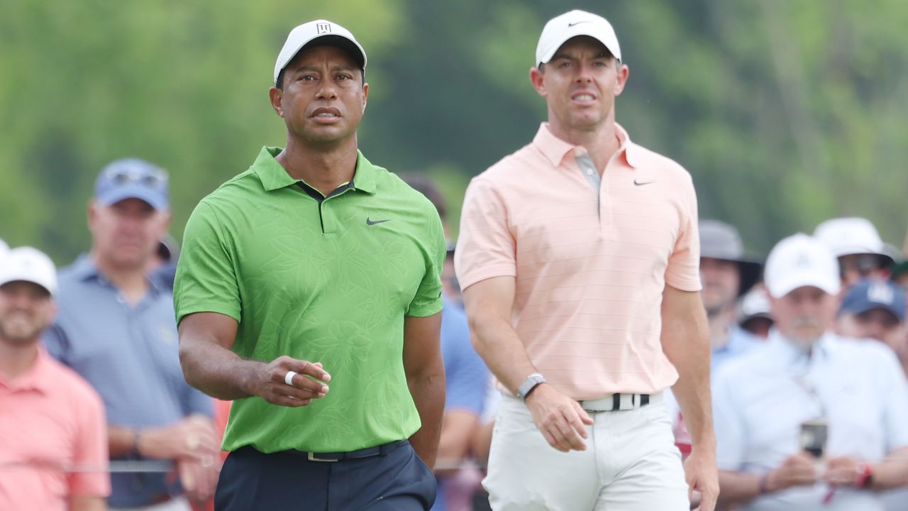 Tiger Woods and Rory McIlroy during the second round of the 2022 PGA Championship