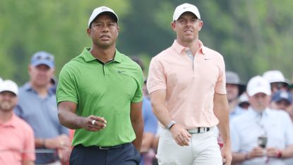 Tiger Woods and Rory McIlroy during the second round of the 2022 PGA Championship
