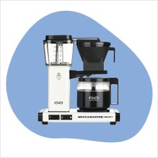 Three of the best filter coffee machines on a pink and blue background