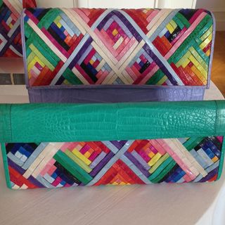 Micro strips of coloured crocodile graphic, rainbow hued handbag