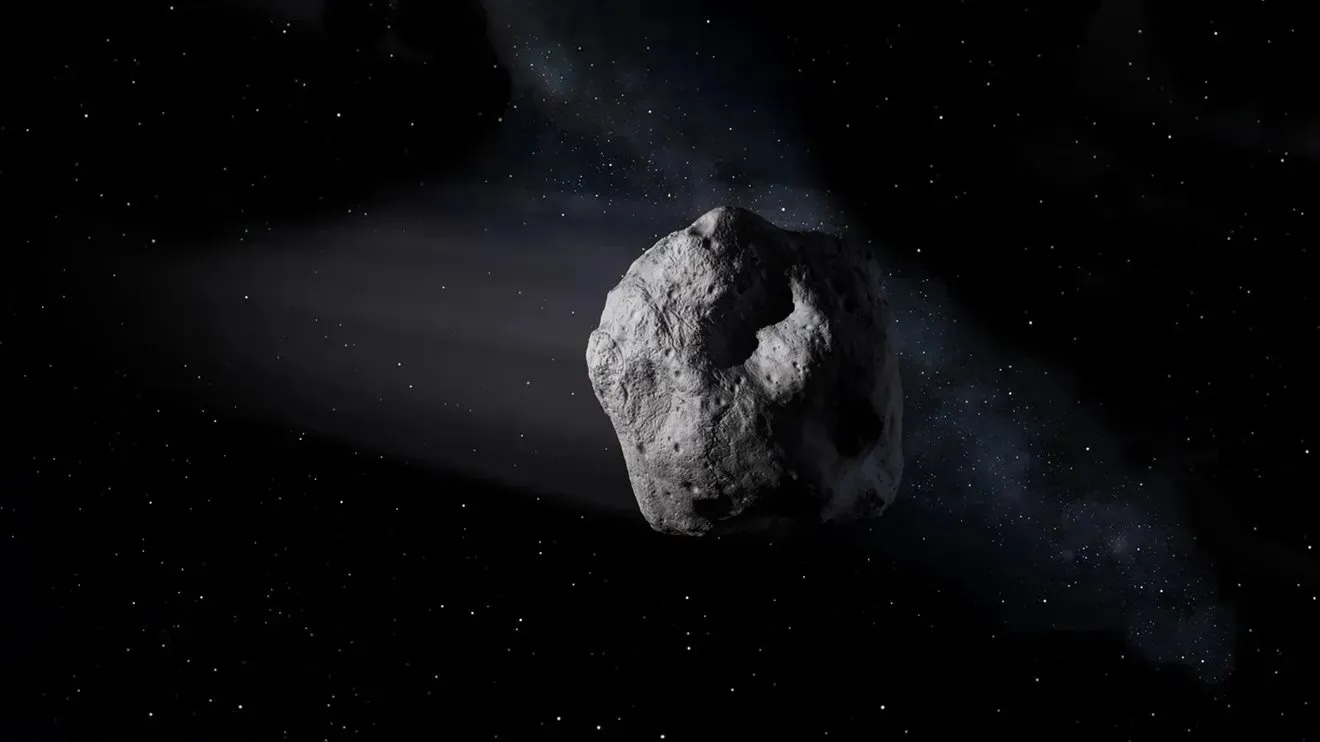 An illustration of an asteroid in outer space