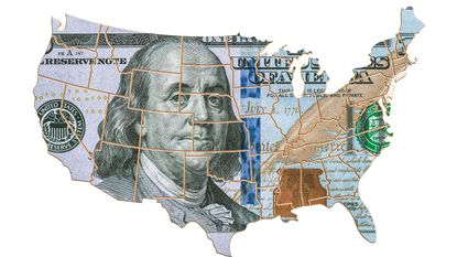 map of U.S. states on a $100 bill
