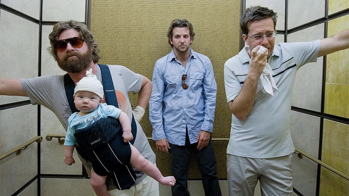 The main cast (and a baby) from The Hangover