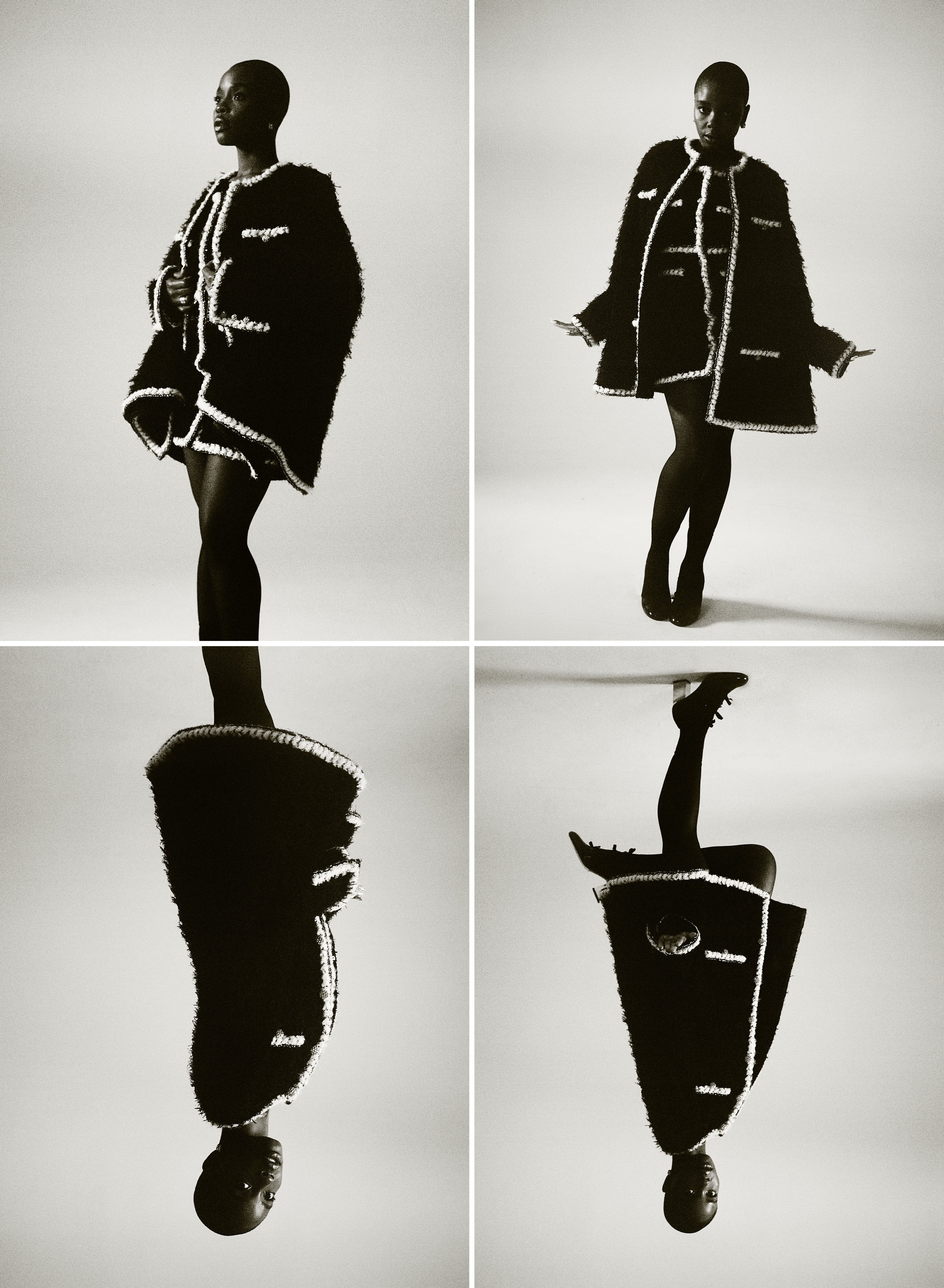 A grid of images showing Joy Sunday in a black and white wool tweed CHANEL dress and cape.