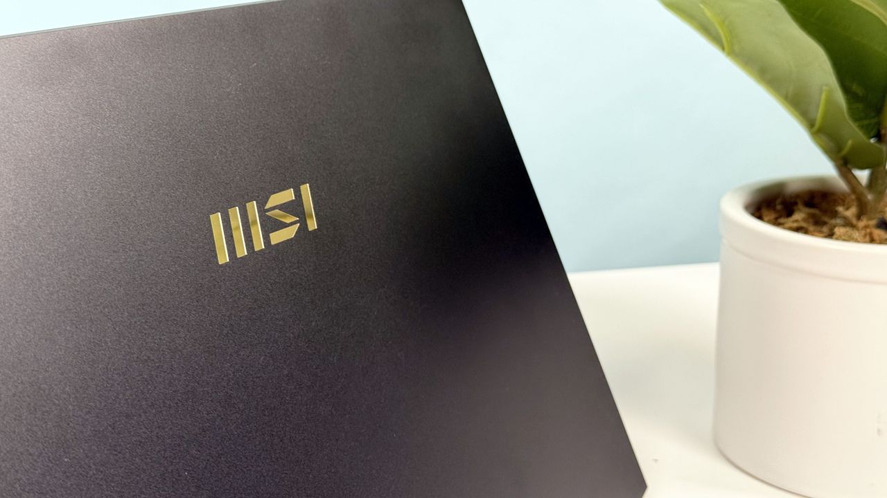 Close up of the MSI badging on the cover of the Summit 13 AI+ Evo (A2VM) 2-in-1 AI PC laptop.