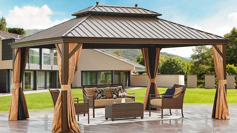 Erommy 12' X 16' Hardtop Gazebo Galvanized Steel Outdoor Gazebo Canopy Double Vented Roof Pergolas Aluminum Frame with Netting and Curtains for Garden,Patio,Lawns,Parties