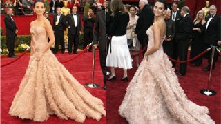 Penelope Cruz wearing a peach tulle evening dress on the red carpet