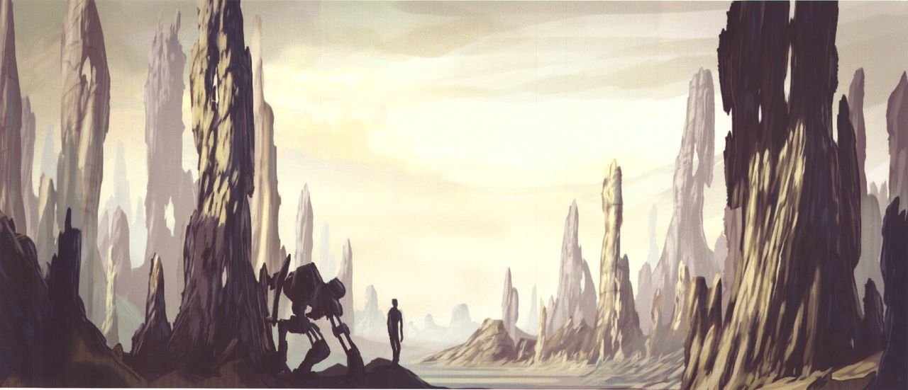 Alyx and Dog looking out into strange, alien desert vista with towering rock formations