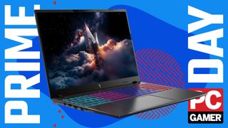 An Acer Nitro V 16S RTX 5060 32 GB gaming laptop on a blue and red Prime Day deals background, with the PC Gamer logo in the bottom right