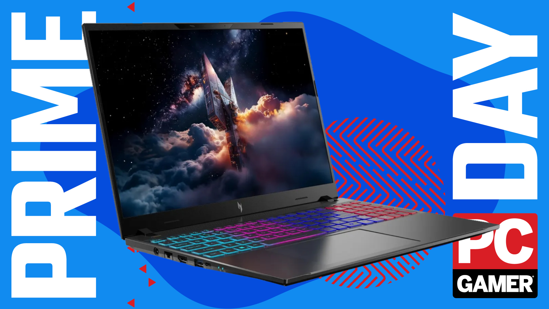 An Acer Nitro V 16S RTX 5060 32 GB gaming laptop on a blue and red Prime Day deals background, with the PC Gamer logo in the bottom right