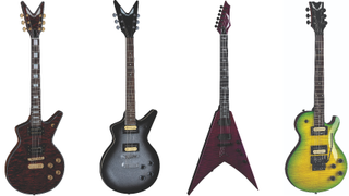 Dean Guitars' (from left) the USA Custom Shop Cadillac Translucent Red, Cadillac 1980 Silverburst, USA Custom Shop Vengeance Translucent Purple, and Thoroughbred Classic Floyd FM Duncan Slime