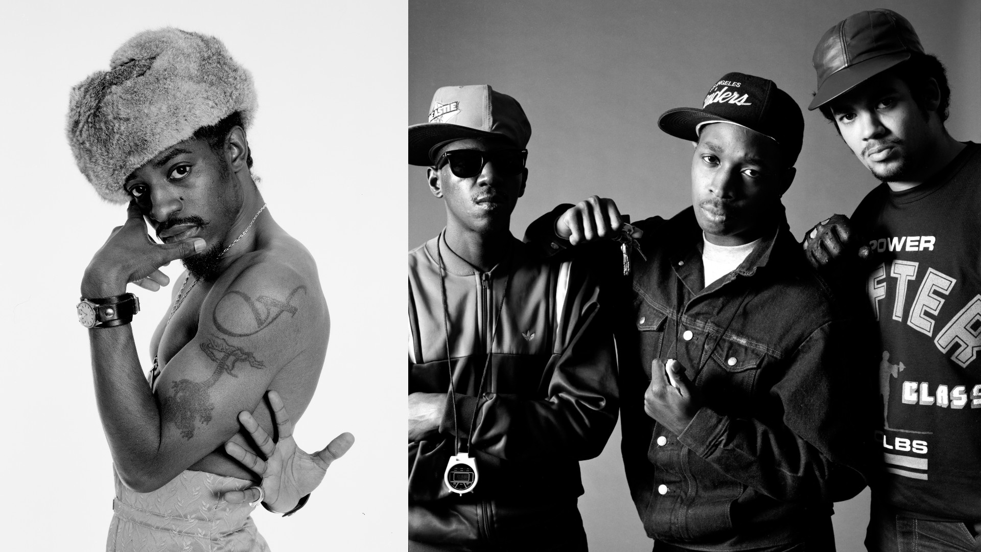 Left: Black and white portrait of a shirtless Andre 3000 wearing a large fur hat, leaning on one arm and looking over his shoulder at the camera. Right: Black and white studio portrait of three members of Public Enemy wearing baseball caps and sportswear, posed close together against a grey background.