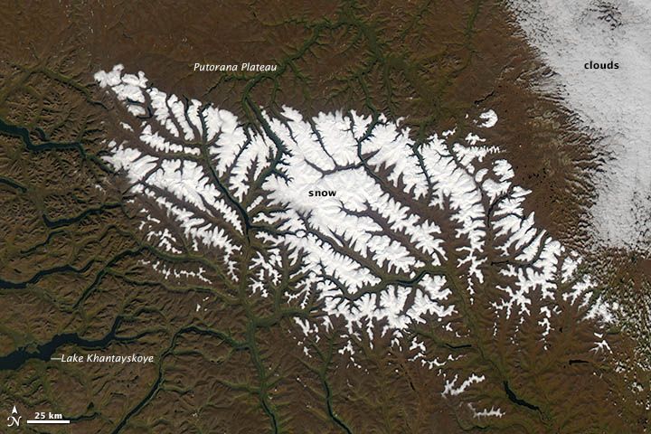 Snow covers the highlands of the Putorana Plateau in central Siberia in this image taken by NASA&#039;s Terra satellite on Sept. 4, 2012.