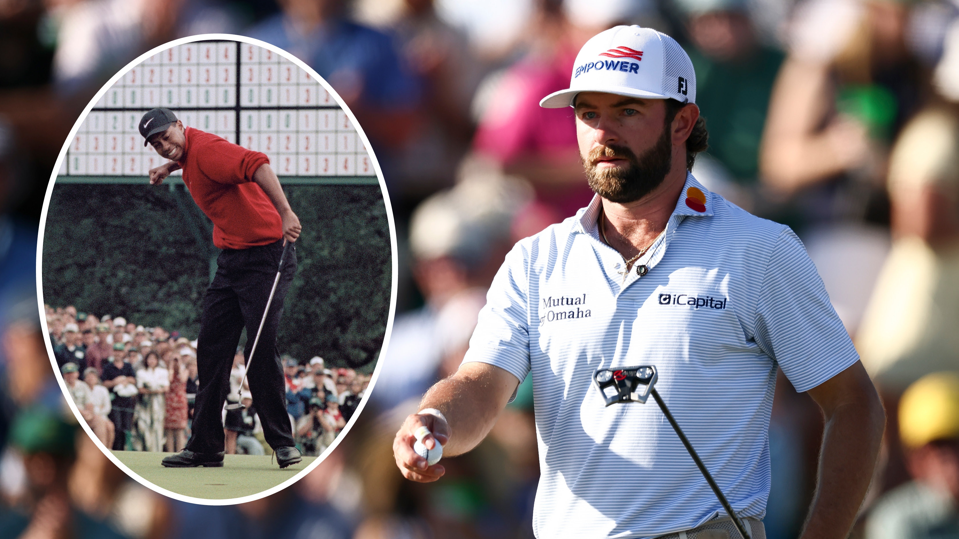 Cameron Young holding his ball and putter and an inset of Tiger Woods fist pumping after winning the 1997 Masters