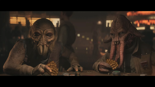 Two shady aliens playing cards in Star Wars Outlaws.