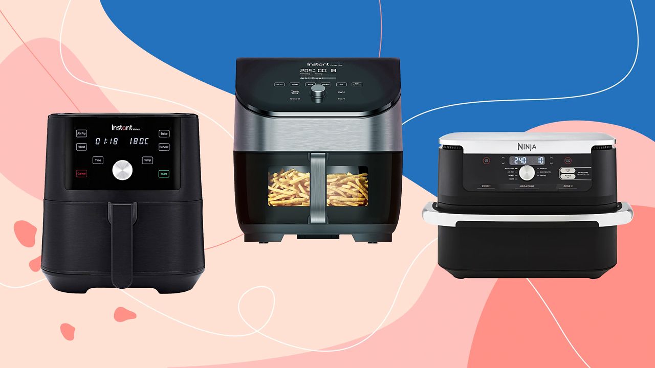 Three of the best air fryers on an Ideal Home style background