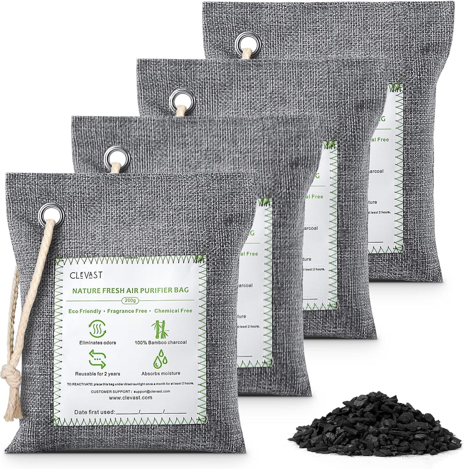 Clevast Bamboo Charcoal Air Purifying Bags (large, 4&amp;times;200g), Removes Odors and Moisture, Nature Fresh Air Purifier Bags, Odor Eliminator for Home, Car, Pets, Bathroom, Basement