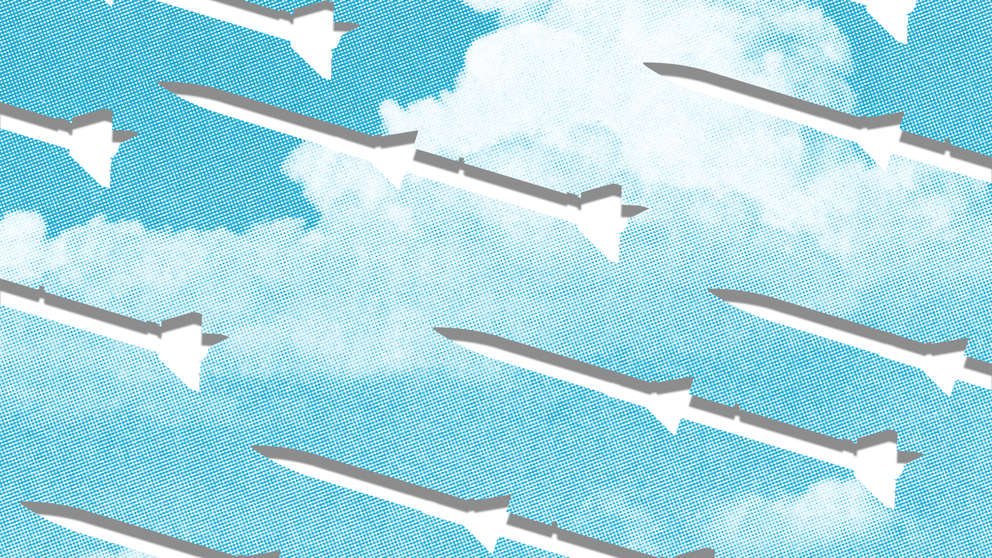 Illustration of a blue, cloudy sky with the silhouette of many missiles cut out