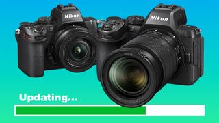 Nikon Z50 II and Z5 II with updating graphic on bottom of image all behind a blue to cyan gradient 