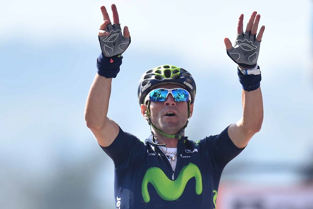 Alejandro Valverde (Movistar) celebrates his second consecutive Fleche Wallonne win.
