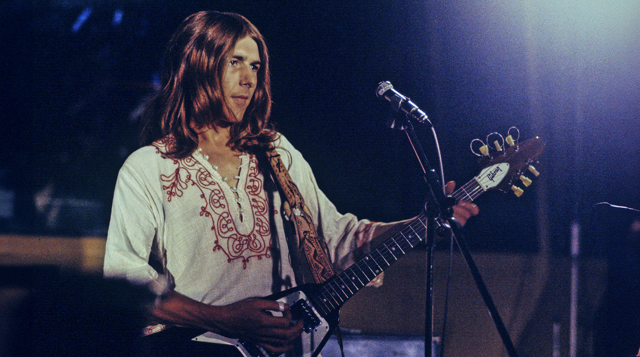 LONDON - AUGUST 10: Mick Ralphs of Mott The Hoople performs at Island Records' Basing Street Studios in London on August 10 1971. He plays a Gibson Flying V guitar.