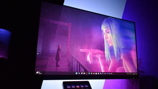 Govee Gaming Light Strip G1 installed on an MSI monitor producing ambient lighting across three modes (off, on (white), and on (Dreamview ambience) for an animated Blade Runner 2049 wallpaper